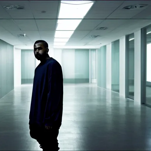 Image similar to kanye west in a long empty office building, the backrooms, dramatic lighting, 4 k, highly detailed