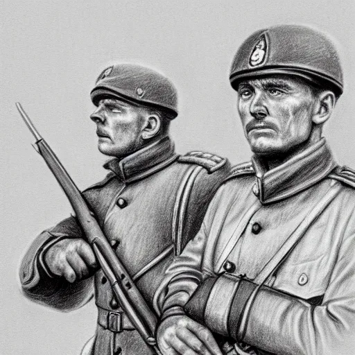 Prompt: a very detailed pencil drawing of a german soldier and a soviet soldier 4 k, high resolution, still, landscape, hd, dslr, hyper realistic, sketch