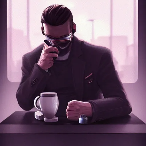 Prompt: portrait of a handsome CEO having a cup of coffee. cyberpunk style, digital art artstation cgsociety