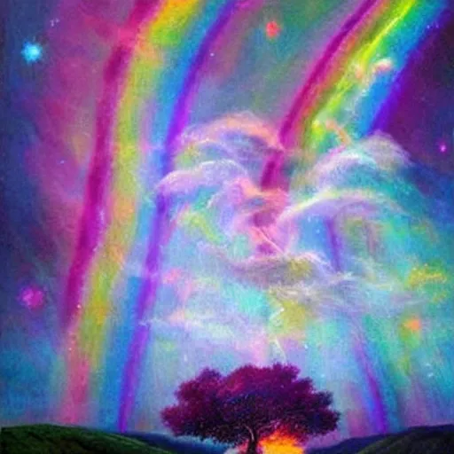 Image similar to the ghost of the world tree radiates rainbow light into the dark cosmos, epic painting, romanticism, atmospherics