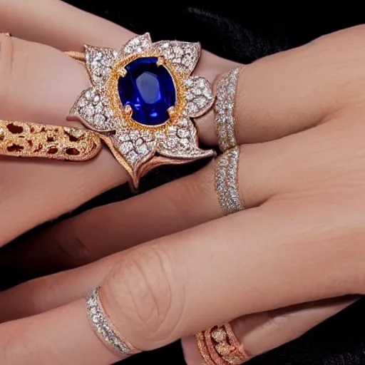 Image similar to a magnificent luxurious design of a female finger ring with a huge sapphire on which intricate patterns with interspersed small diamonds bend with a thin gold thread. hyper - realistic photo. full screen. very clear details.