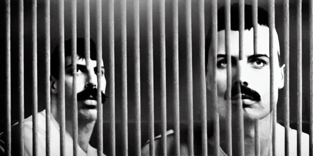 Image similar to freddie mercury sits behind bars in a russian prison, black and white photo, realism, 3 5 mm, prisoners in the background, good lighting