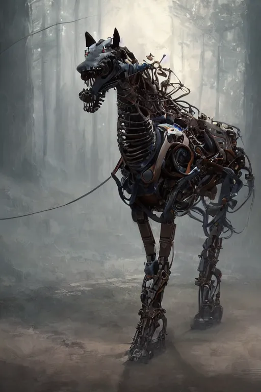 Prompt: 3 quarter view photography portrait of a biomechanical stalion horse illustrated by greg rutkowski and Akira Saito and Peter mohrbacher, boston dynamics, 4k,