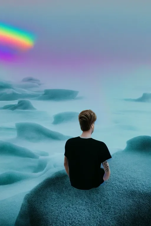 Image similar to high quality pastel coloured film close up wide angle photograph of justin bieber wearing clothing swimming on cloud furniture in a icelandic black rock environment in a partially haze filled dreamstate world. three point light, rainbow. photographic production. art directed. pastel colours. volumetric clouds. pastel gradient overlay. waves glitch artefacts. extreme facial clarity. 8 k. filmic.
