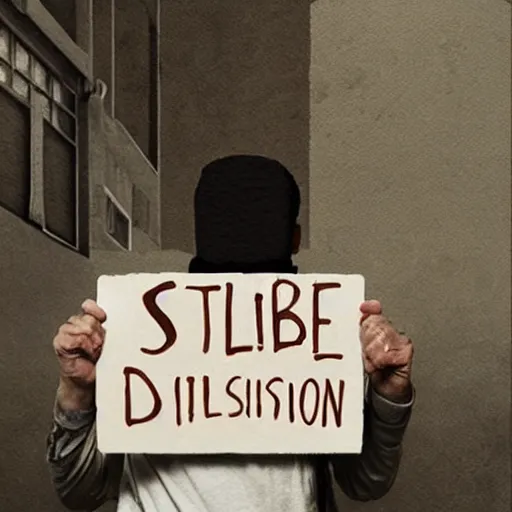 Prompt: a man holding up a sign that says stable diffusion, dreamlike, pastel art by greg rutkowski