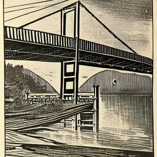 Image similar to steel suspension bridge built in 1 9 2 8, side view, woodcut style,