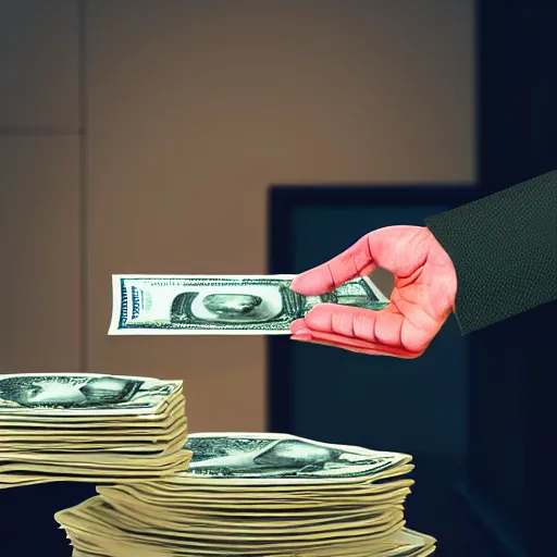 Prompt: rich person flexing their cash to poor people, poor people with no money, person raising money up in front of people, photorealistic + rendered in vrat + hd + trending on artstation + DOF + Reality