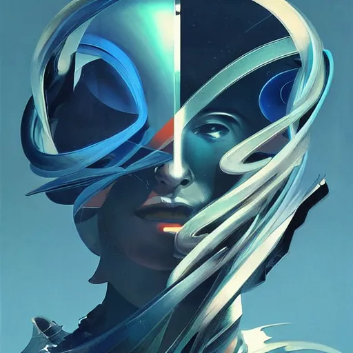 Image similar to scifi futurism automaton minimalism chrome by peter mohrbacher art Hajime Sorayama airbrush hyperrealism model abstract shatter fragments cubism futurism pastel blue soft flat minimal minimalism portrait face jackson pollock ukiyo-e lithograph mark ruthko swirl escape noise shimmer glow paint