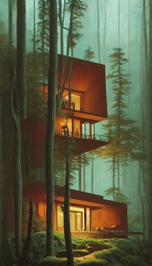 Image similar to cozy ultra modern home in the woods moody lighting, highly detailed, painting by zdzisław beksinski and norman rockwell and greg rutkowskiweta studio, and lucasfilm