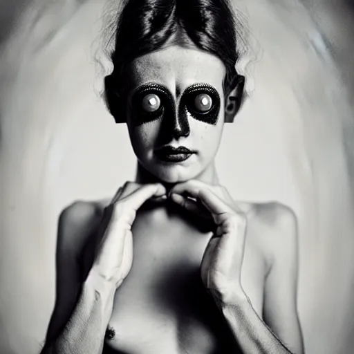 Prompt: old monochrom portrait photography of a beautiful girl with one eye, cyclops, in a victorian decor, by man ray, alfred ghisoland, gemmy woud - binendijk, erwin olaf, 4 k,