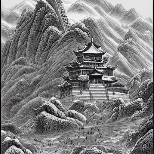 Prompt: ancient chinese fortress in the mountains of xi\'an, desert environment, mountainous gobi desert historic woodcut-styled artwork from ancient china hyperdetailed, artstation trending, world renowned artists, worth1000.com, historic artworks society, antique renewel, cgsociety, by greg rutkowski, by Gustave Dore, Deviantart