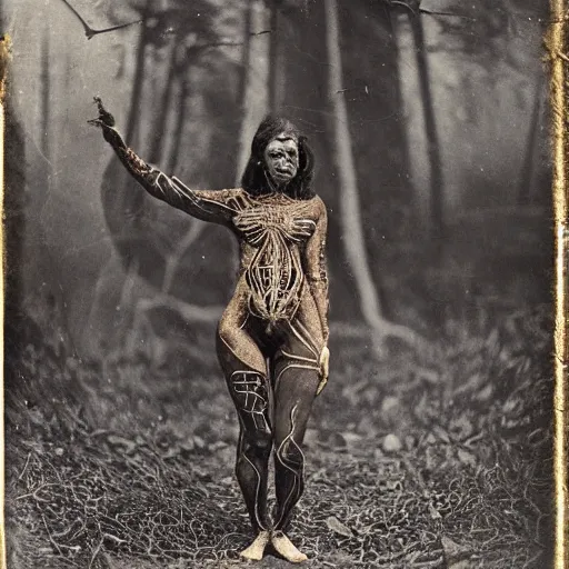 Image similar to 1860 photo of an old freak show spider-woman, on the middle of a forest, spooky , veins, arteries, intricate, golden ratio, full frame, elegant, highly detailed, ornate, ornament, sculpture, elegant , luxury, beautifully lit, ray trace, 3d, PBR