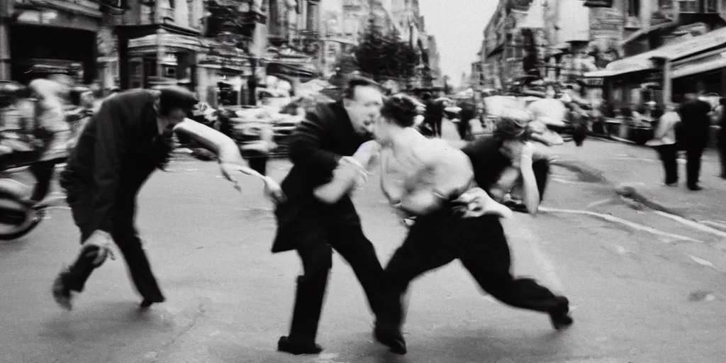 Image similar to a woman attacking a man in the middle of the street in the 1950's, hysteria, candid photo, black and white, film, low shutter speed