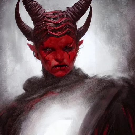 Prompt: masterpiece portrait of a surly and resentful female tiefling thief with red skin and curled devilish horns wearing a black hooded cloak and a thief's leather garb, grumpy body language, by Greg Rutkowski, as seen on ArtStation, 4k, dungeons and dragons, very aesthetic, very detailed, intricate, unreal, fantasy, dramatic, painterly, artstation, sharp focus, smooth