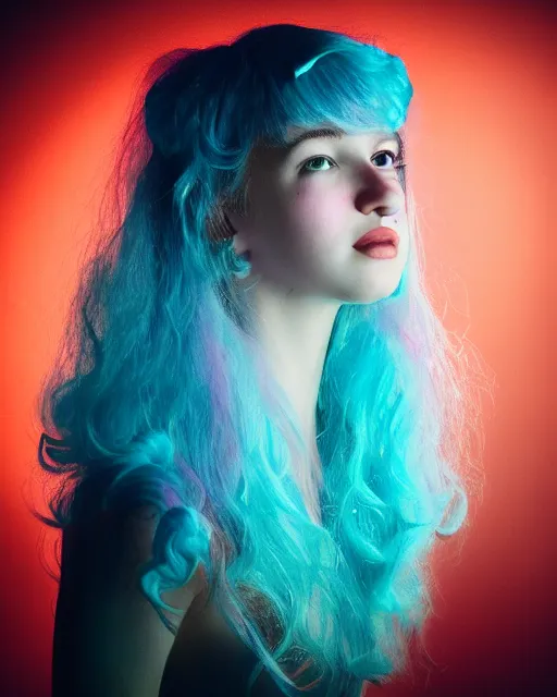 Image similar to a dramatic lighting photo of a beautiful young woman with cotton candy hair. with a little bit of cyan and pink