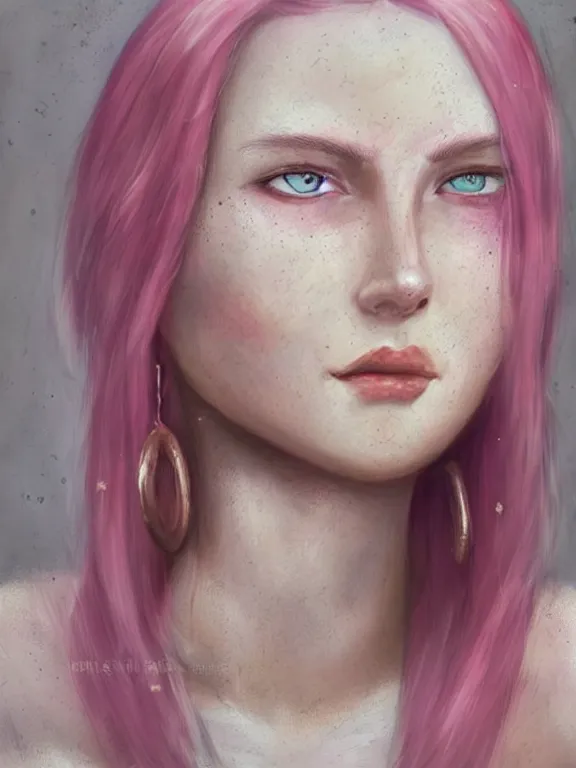 Image similar to beautiful russian girl with slight freckles and short faintly colored in pink hair and septum piercing, thin round earrings, winds of winter, au naturel, hyper detailed, digital art, trending in artstation, cinematic lighting, studio quality, smooth render, octane rendered, concept art, sharp focus, illustration, art by artgerm and greg rutkowski and wlop