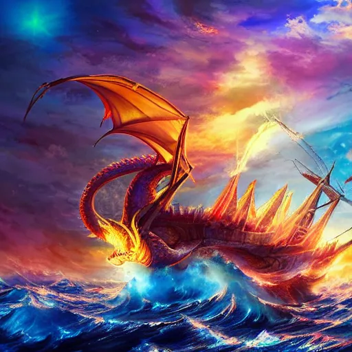 Image similar to majestical ship with a dragon flying above, beautiful composition, wide angle, colorful, cinematic, volumetric lighting, intricate details painting