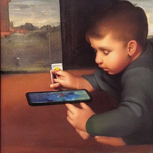 Prompt: kid playing games on his iphone, painting by raphael