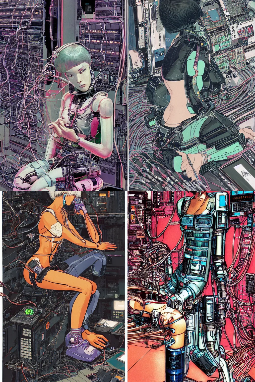 Prompt: an hyper-detailed cyberpunk illustration of a female android seated on the floor in a tech labor with bob cut, seen from the side with her body open showing cables and wires coming out, by masamune shirow, and katsuhiro otomo, japan, 1980s, centered, colorful