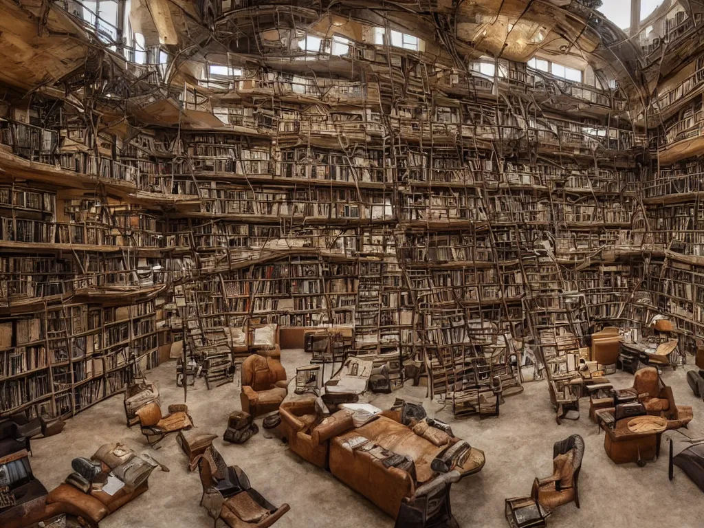 Prompt: inside a cozy post apocalyptic library
