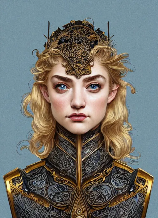 Prompt: symmetrical centered portrait, Imogen Poots as a D&D paladin, blonde hair, intricate metal armour, Art Nouveau, beautiful retro Fantasy heroine 1985, intricate, elegant, highly detailed, centered, digital painting, trending on artstation, concept art, smooth, sharp focus, illustration, art by raphael lacoste, eddie mendoza, Mucha, alex ross, WLOP