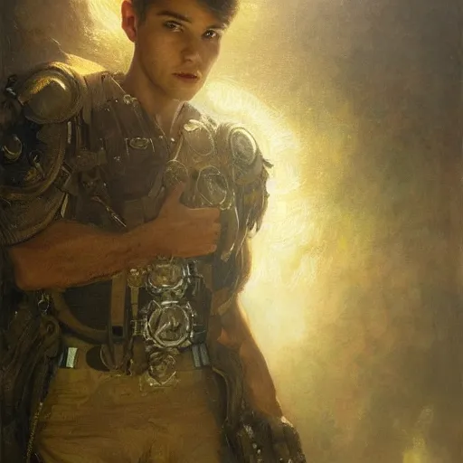 Prompt: handsome portrait of a young guy fitness posing, war hero, cunning, radiant light, caustics, reflective water, by gaston bussiere, bayard wu, greg rutkowski, giger, maxim verehin