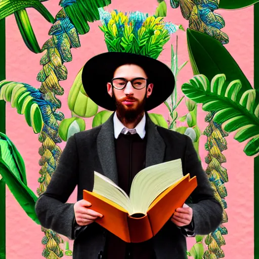 Image similar to HD 8x hyperdetailed illustrated collage portrait of a man with a maximalist hyperrealistic huge hat made of plants, reading a book. flamish baroque solarpunk elements. matte background in pastel tones.