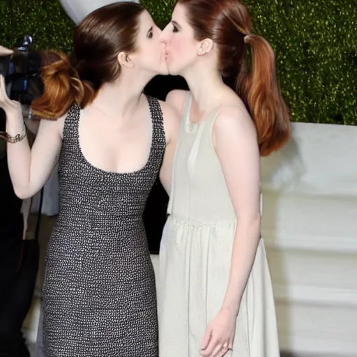Image similar to Paparrazi photo of Anna Kendrick and Emma Watson kissing