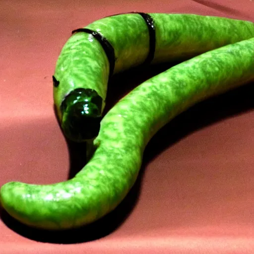 Prompt: long green Sausage with eyes and fangs and with scales