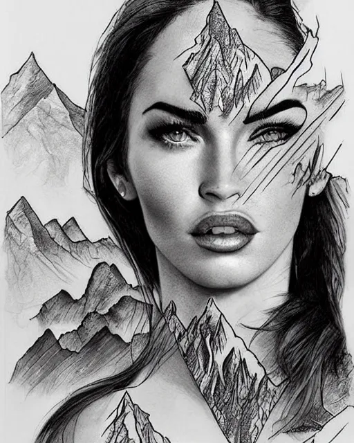 Image similar to megan fox face mash up with beautiful mountains, in the style of dan mountford, tattoo sketch, double exposure, hyper realistic, amazing detail, black and white