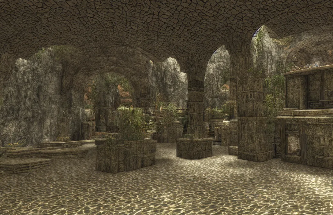 Prompt: vacation photos from morrowind. hyperrealism by ansel adams 8 k resolution texture graphics mods 1 2 0 fps interior of waterworks underneath city