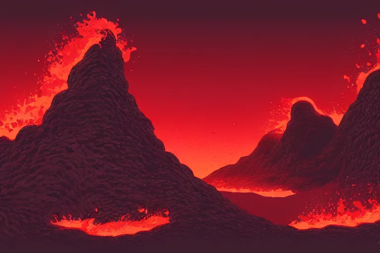 Prompt: red themed lava landscape, miyazaki style, cinematic, die hard, marvel, disney, indie, highly detailed, featured on artstation, highly detailed, abstract