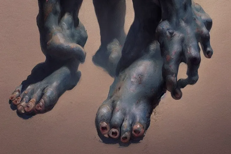 Image similar to close-up of feet of an ogre, dirty nails, concept art in style of Greg Rutkowski, painted by Frank Frazetta, trending on artstation