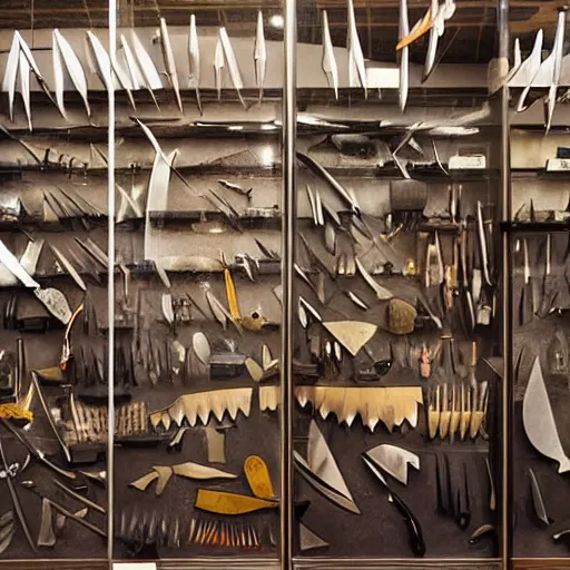 Prompt: A room with an exhibition of knives of various shapes and types in glass display cases, digital art, creepy, threatening