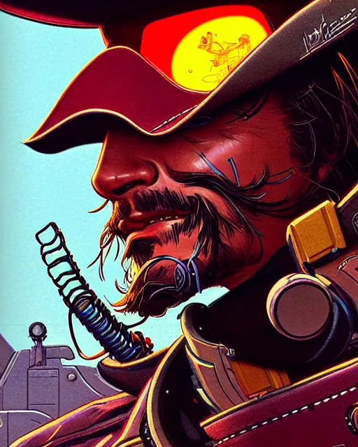 Image similar to mccree from overwatch, cyber space cowboy, character portrait, portrait, close up, concept art, intricate details, highly detailed, vintage sci - fi poster, retro future, vintage sci - fi art, in the style of chris foss, rodger dean, moebius, michael whelan, and gustave dore
