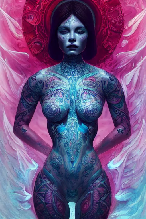 Prompt: a centered full body render of an alluring futuristic goddess with tribal tattoos surrounded by a underwater ink pour and flowing liquid gallium and sacred geometry, perfect body and face, powerful, cinematic, beautifully lit, by artgerm, by karol bak, by viktoria gavrilenko, 3 d, trending on artstation, octane render, 8 k