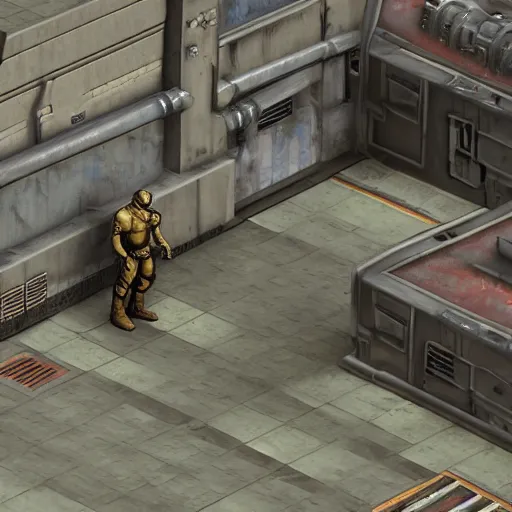 Image similar to fallout enclave fighter in power armor with a minigun in his hands stands next to the entrance to the fallout shelter, camera view isometric, post - apocalyptic, 3 d prerender, realism