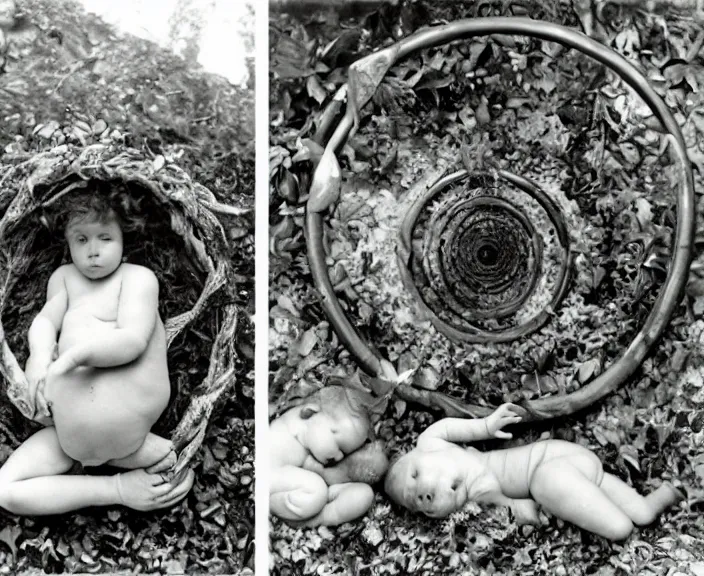 Prompt: the cyclical theory of becoming and dissolution and interdependence between the world of nature and human events by Anne Geddes, Henri Cartier-Bresson.