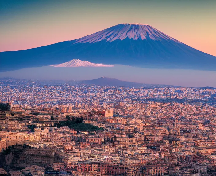 Prompt: 4 k hd, high detail photograph of napoli and mount vesuvio, shot with sigma f / 4. 2, 2 5 0 mm sharp lens, wide shot, volumetric lighting, high level texture render