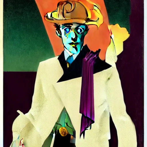 Image similar to Young Spanish man is Super Spy Captain, the Electric Boy, Art by Coles Phillips and Joshua Middleton, socks, Rene Magritte, succulent plants Chalk white skin, deep purple hair, Green eyes, Orange background, Mucha, Portrait of the man, surreal, ,carbon black and antique gold