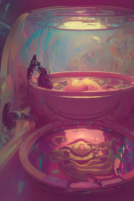 Prompt: interior of a Stomach Sensory deprivation tank filled with glowing pink water, Cross section, Claustrophobic, seapunk Mecha , vaporwave , digital art, artstation, by WLOP, Ilya repin, alphonse mucha., Very highly detailed 8K, octane, Digital painting, the golden ratio,