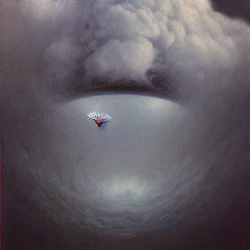 Image similar to Donald Trump, flying in the sky menacingly amongst the clouds, painted by Beksinski