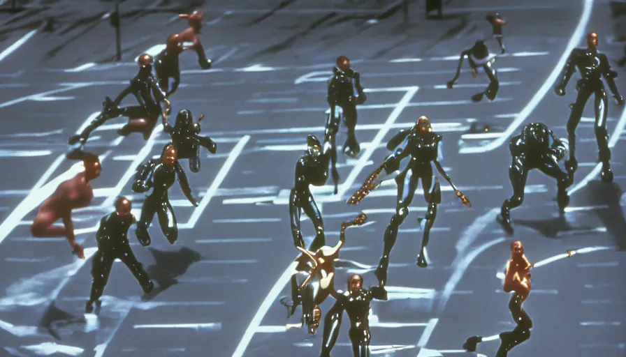 Prompt: The matrix, LeeLoo, Starship Troopers, Clarice Starling, Sprinters in a race with a clear winner, The Olympics footagein a stadium, intense moment, cinematic stillframe, Robby Mueller, The fifth element, vintage robotics, formula 1, starring Geena Davis, sports photography, clean lighting