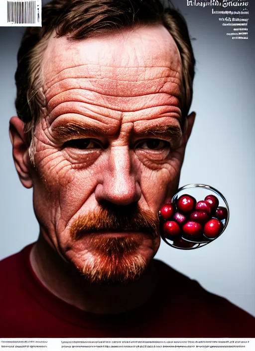 Prompt: cranberries fused with bryan cranston, red berry skin, cranberry helmet, studio light, bloom, detailed face, magazine, press, photo, steve mccurry, david lazar, canon, nikon, focus