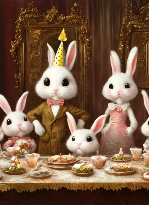 Image similar to highly detailed group closeup portrait of cute bunnies having a birthday party banquet in a castle, unreal engine, nicoletta ceccoli, mark ryden, earl norem, lostfish, global illumination, god rays, detailed and intricate environment