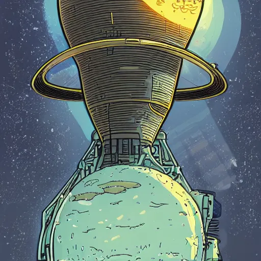 Prompt: A huge Rocket in the shape of a mushroom lifting off from a futuristic planet, by Laurie Greasley