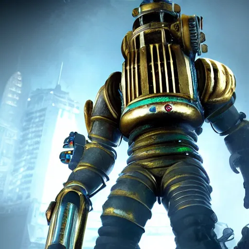 Image similar to isaac clarke as a bioshock big daddy, unreal engine 5, bioshock and deadspace crossover event, high detail 3 d render,