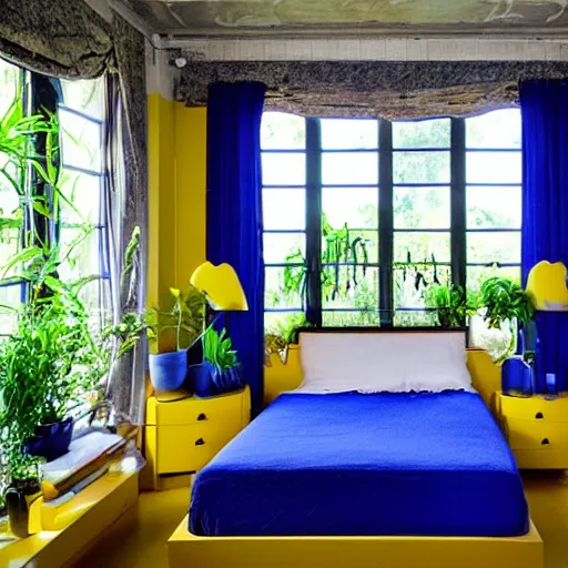 Prompt: a yellow moon shaped bed in a blue room, with plants in the windows of the room