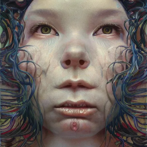 Image similar to bjork by zdzisław beksinski, iris van herpen, raymond swanland and alphonse mucha. highly detailed, hyper - real, beautiful