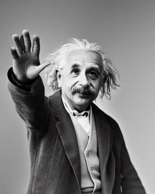 Image similar to an realistic photo of Albert Einstein holding an open hand with seven fingers, palm visible